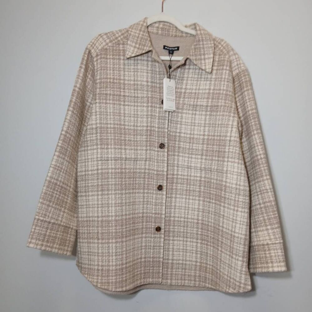 Whistles long womens large tan beige wool jacket tartan emmie thick overshirt
